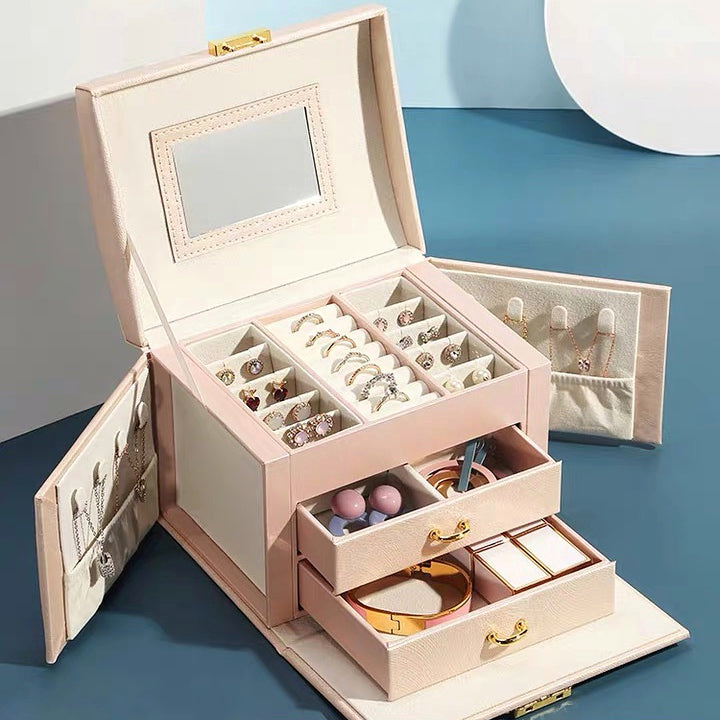 Multi-function Jewelry Box with Handle Mirror Lock Drawer Jewelry Organizer - Nillishome