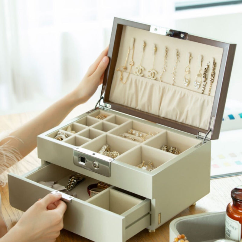 Wooden Jewelry Box with Fingerprint Lock,  Storage Box Organizer