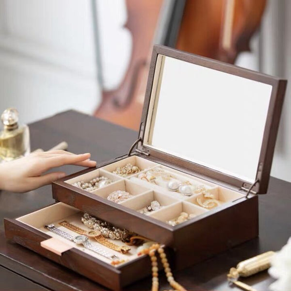 Hand Carved, Jewelry Box Organizer Mirrored Storage Display Case Watch Storage