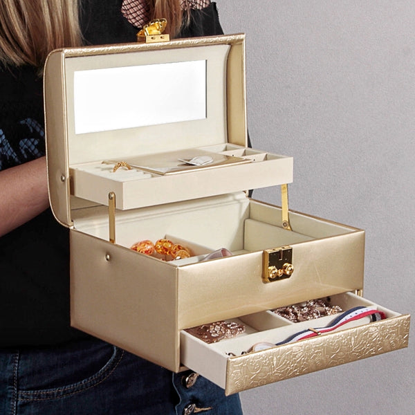 3 Layers Wooden Jewelry Box with with Lock And Mirror Korean Retro Storage Box - Nillishome