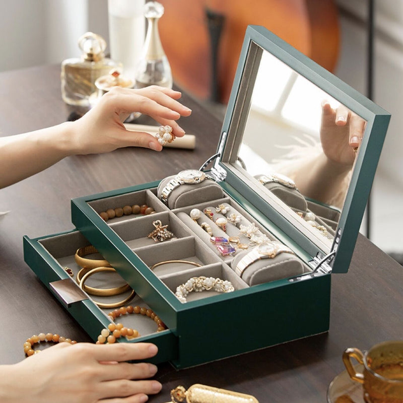 Hand Carved, Jewelry Box Organizer Mirrored Storage Display Case Watch Storage