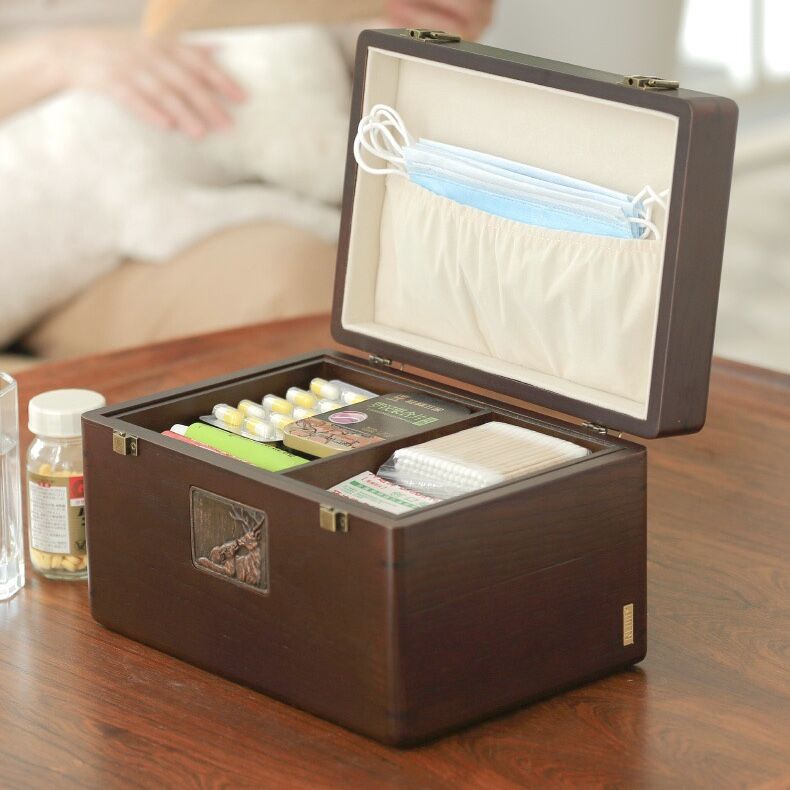 Portable 2 Layers Solid Wood Home Medicine Box