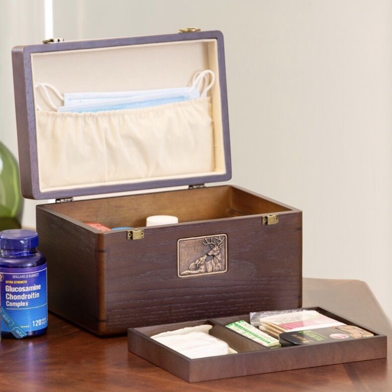 Portable 2 Layers Solid Wood Home Medicine Box